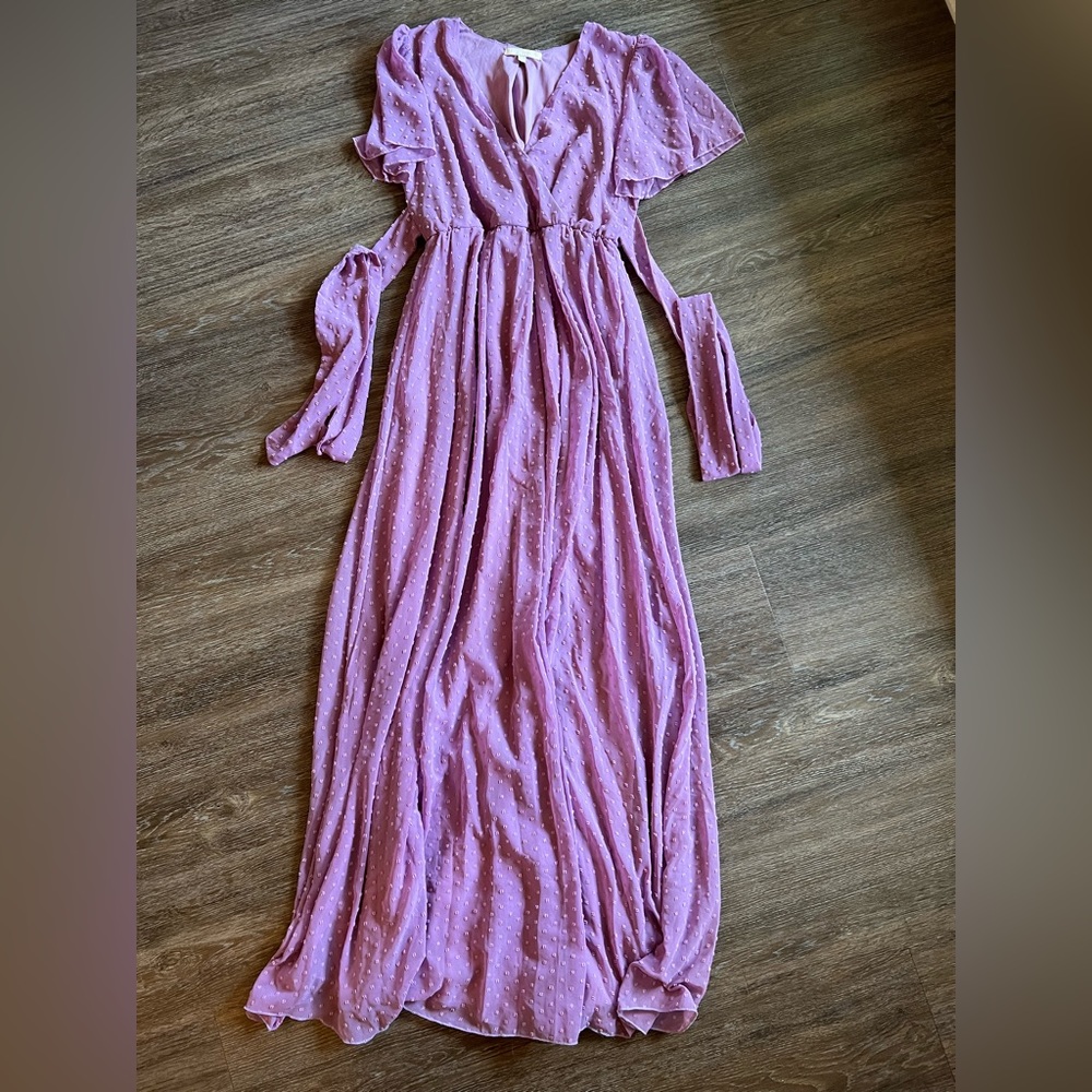 Knox Dotted Maxi Dress in the color Orchid. Dress is from Baltic Born.